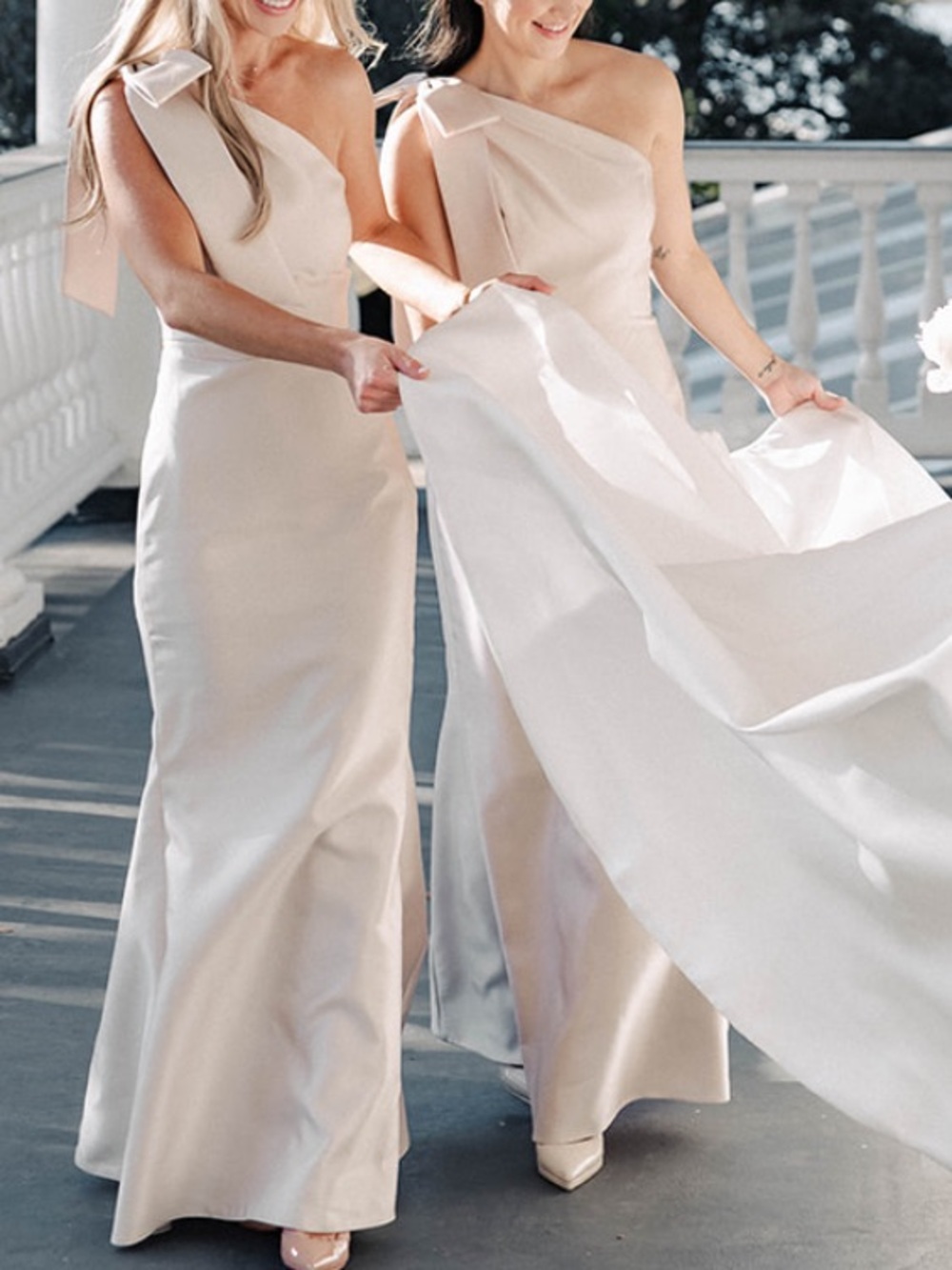 Dessy Group - Alfred Sung Bow one Shoulder Satin Gown - Champagne - size 4